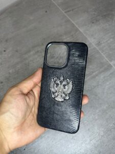 Синий кожаный чехол из игуаны с большим серебряным гербом России MobCase 1929