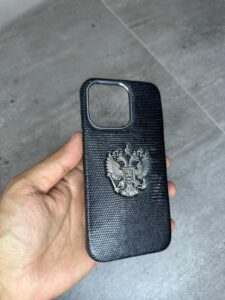 Синий кожаный чехол из игуаны с большим серебряным гербом России MobCase 1929