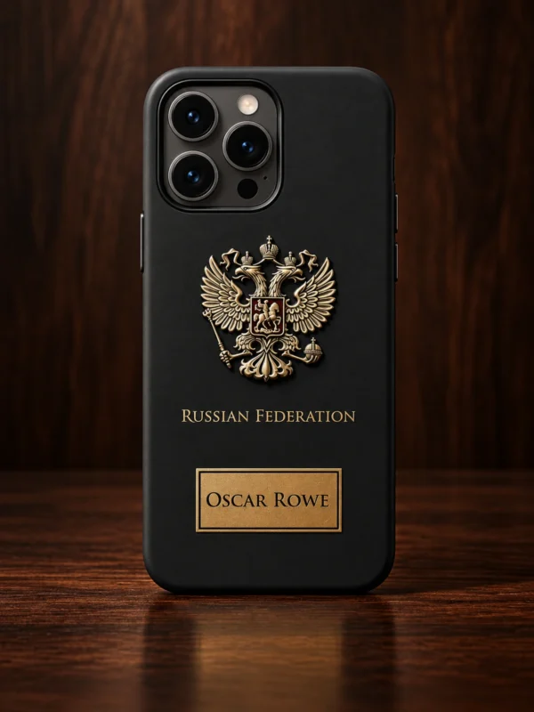 Купить Чёрный именной силиконовый чехол с гербом России Mobcase 1770 для iPhone 14 — заказать в ателье премиальных аксессуаров Мобкейс