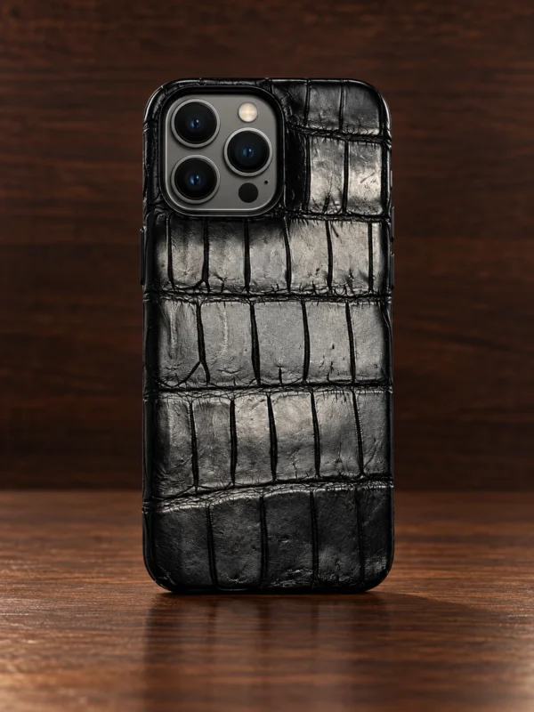 Купить Чёрный кожаный чехол из крокодила Mobcase 1735 для iPhone 13 Pro — заказать в ателье премиальных аксессуаров Мобкейс