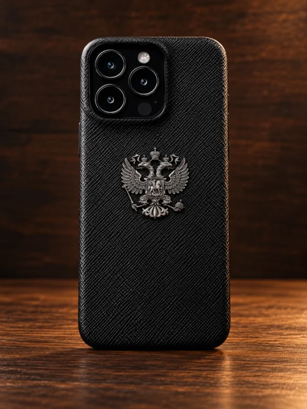 Купить Чёрный кожаный чехол с гербом России Mobcase 1686 — заказать в ателье премиальных аксессуаров Мобкейс