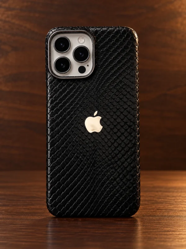 Купить Чёрный кожаный чехол с логотипом Apple Mobcase 1685 — заказать в ателье премиальных аксессуаров Мобкейс