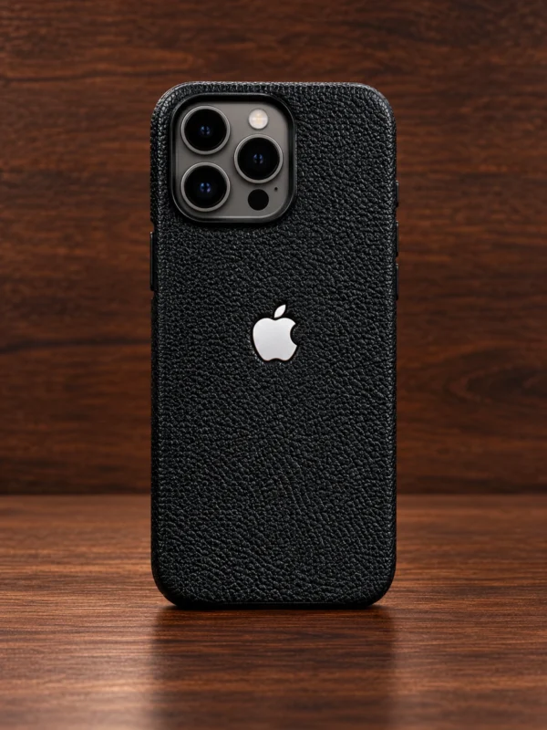 Чёрный кожаный чехол с серебристым логотипом Apple, вид сзади — заказать в ателье аксессуаров Мобкейс
