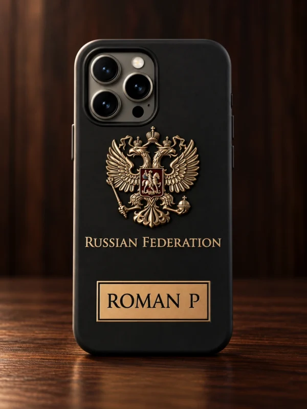 Купить Чёрный силиконовый именной чехол с гербом России Mobcase 1773 для iPhone 14 — заказать в ателье премиальных аксессуаров Мобкейс