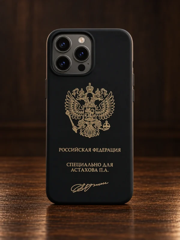 Чёрный именной чехол с золотистым гербом России и надписью для iPhone, вид сзади — заказать в ателье аксессуаров Мобкейс