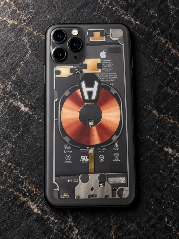 iPhone 11 Pro с прозрачным моддингом и медной катушкой, вид сзади — заказать в ателье аксессуаров Мобкейс