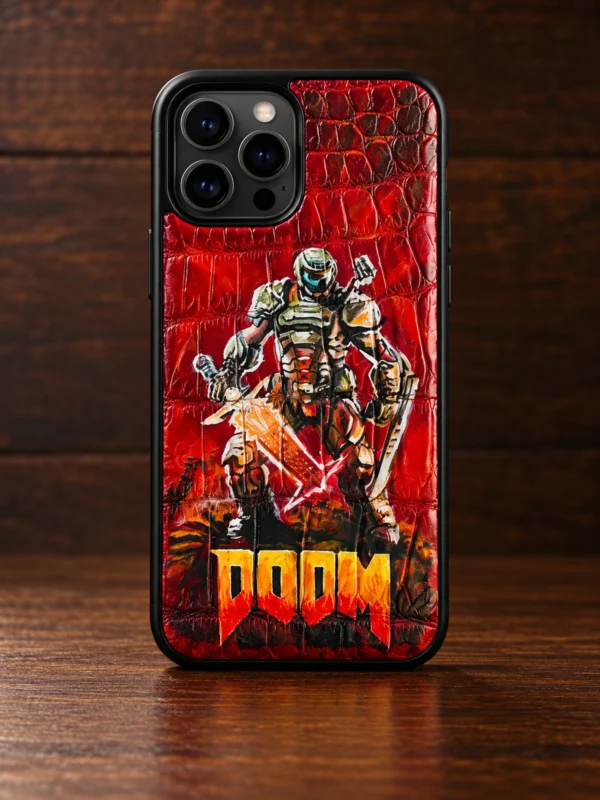 Красный кожаный чехол с рисунком Doom, вид сзади — заказать в ателье аксессуаров Мобкейс