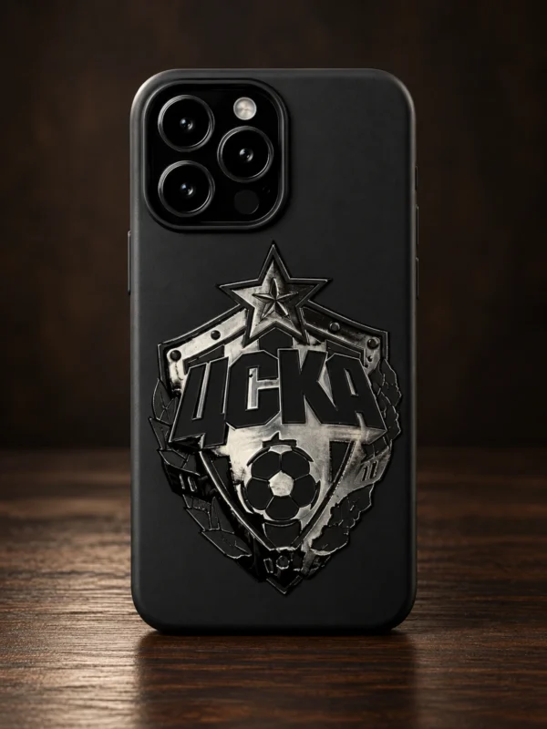 Чёрный силиконовый чехол с рельефной эмблемой ЦСКА для iPhone, вид сзади — заказать в ателье аксессуаров Мобкейс