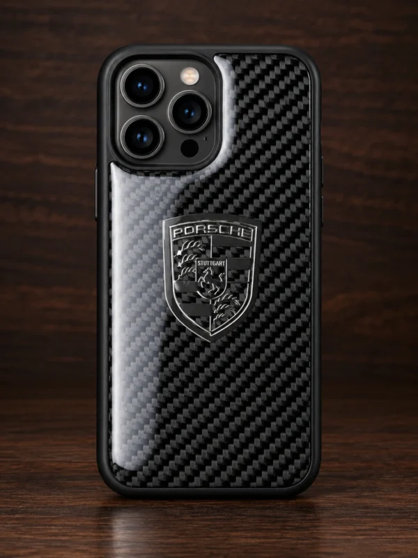 Карбоновый чехол с серебристым логотипом Porsche для iPhone, вид сзади — заказать в ателье аксессуаров Мобкейс