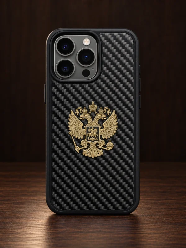 Карбоновый чехол с золотистым гербом России для iPhone, вид сзади — заказать в ателье аксессуаров Мобкейс