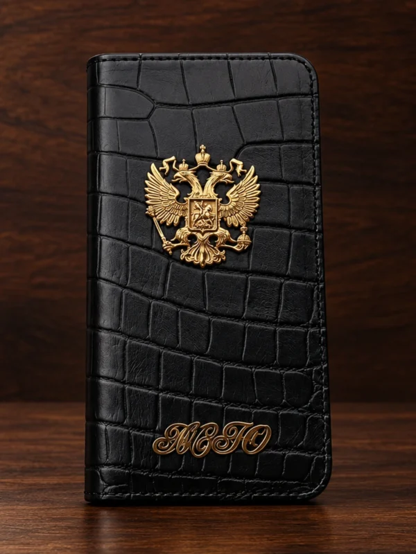 Купить Кожаный чёрный чехол книжка с гербом России Mobcase 1596 для iPhone 13 Pro Max — заказать в ателье премиальных аксессуаров Мобкейс