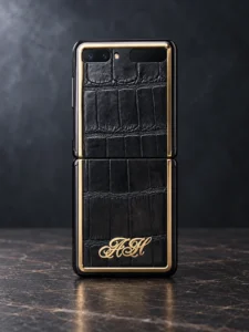 Samsung Galaxy Z Flip3 с чёрной кожей крокодила, золотистой окантовкой и монограммой, вид сзади — заказать в ателье аксессуаров Мобкейс