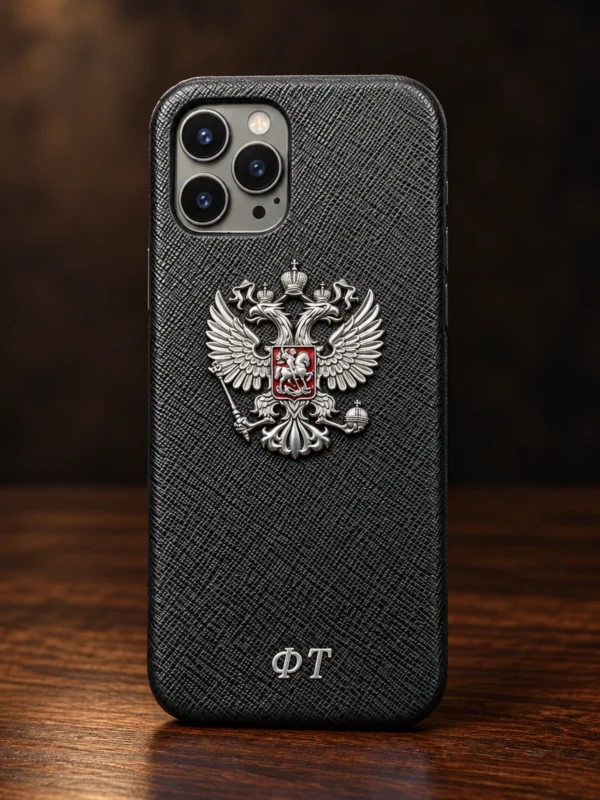 Купить Эксклюзивный кожаный чехол с гербом России инициалами Mobcase 1370 — заказать в ателье премиальных аксессуаров Мобкейс