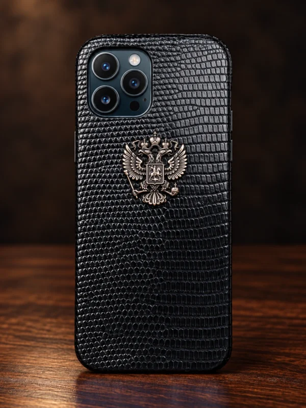 Купить Эксклюзивный кожаный чёрный чехол с гербом России Mobcase 1353 — заказать в ателье премиальных аксессуаров Мобкейс