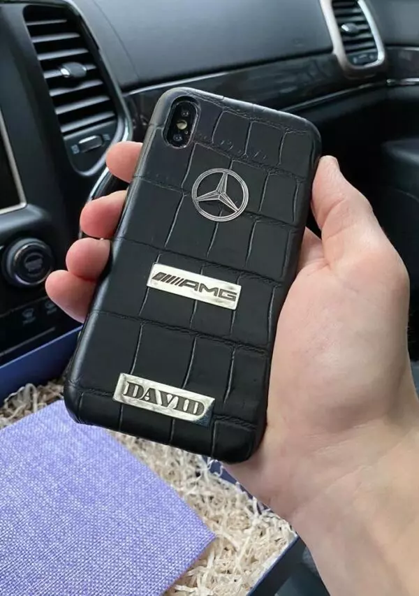 Чёрный, кожаный, именной чехол с логотипом Mercedes AMG, Mobcase 1033