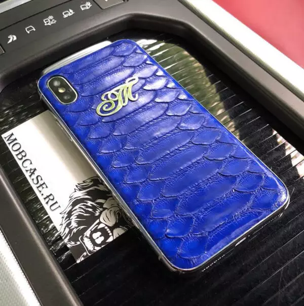 Именной чехол, синий, кожа питона Mobcase 538 для iPhone X, XS