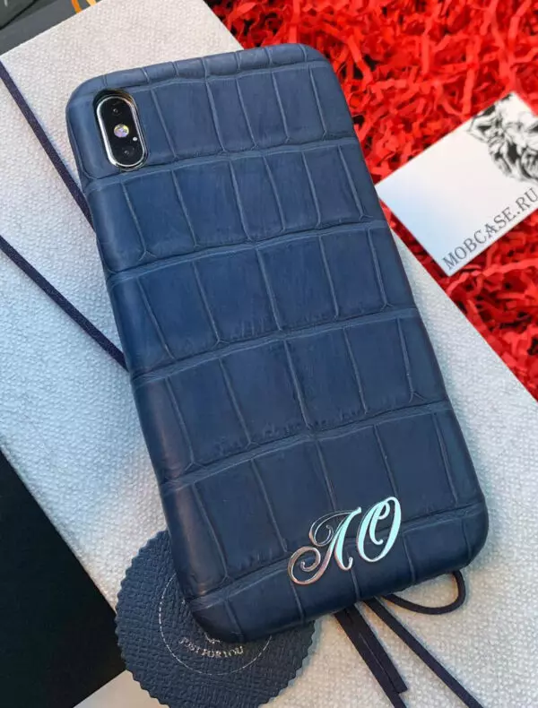 Именной, дорогой, тёмно-синий чехол из мягкой крокодиловой кожи Mobcase 783 для iPhone 7, 8, 7 Plus, 8 Plus, X, XS, XSMAX, XR