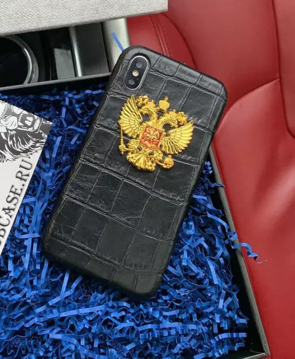 Кожаный чехол, чёрный с золотым гербом России Mobcase 809 для iPhone 7, 8, 7 Plus, 8 Plus, X, XS, XSMAX, XR