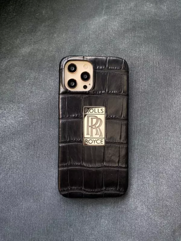 Чёрный кожаный чехол из крокодила с логотипом Rolls Royce Mobcase 1654