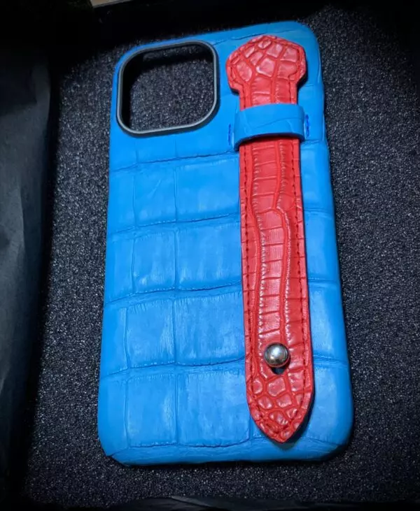 Синий кожаный чехол с ремешком для пальцев Mobcase 1768 для iPhone 14 Pro Max